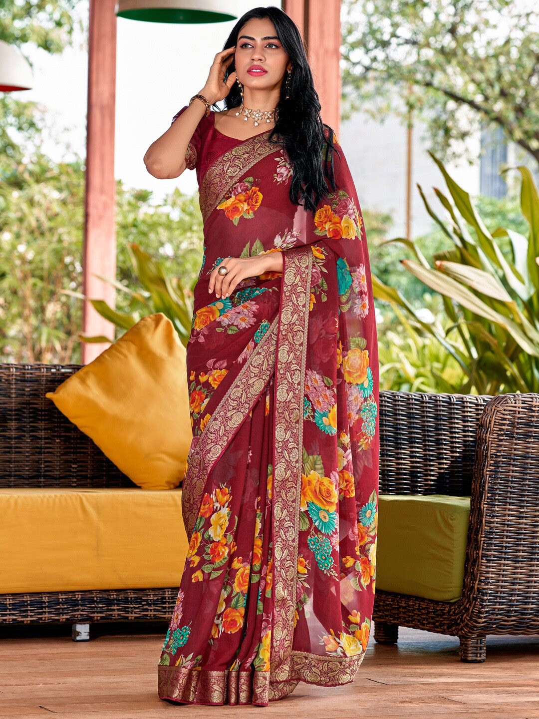 

Saree mall Maroon & Green Floral Printed Zari Pure Georgette Sarees