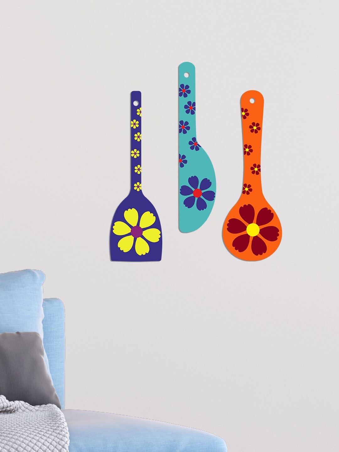 

ArtVibes 3 Pcs Blue & Orange Floral Art Wall Hanging Decor