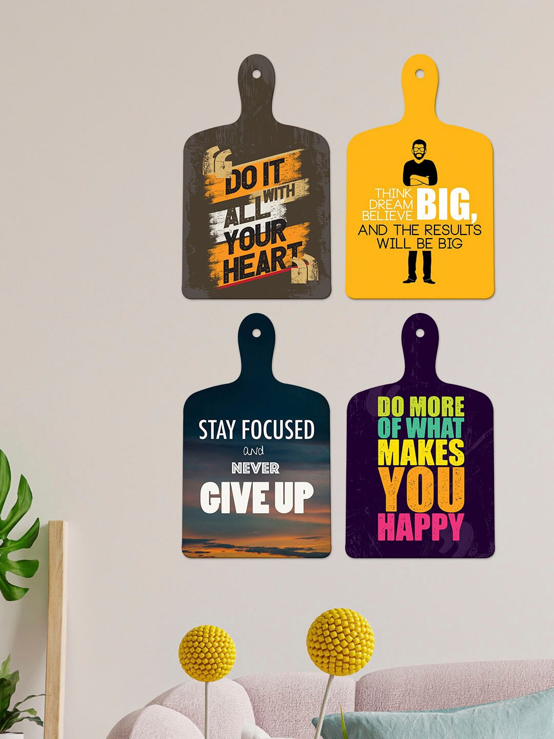 

ArtVibes Yellow & Black 4 Pieces Motivational Quotes Painted Wooden Hanging Wall Decors