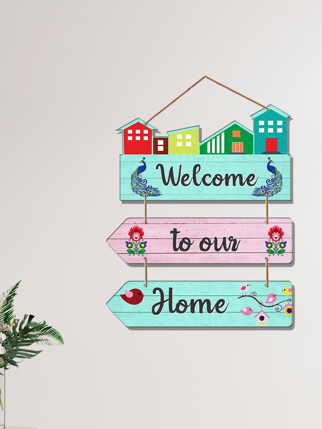 

ArtVibes Pink & Green Welcome To Our Home Quote Painted Wooden Hanging Wall Decor