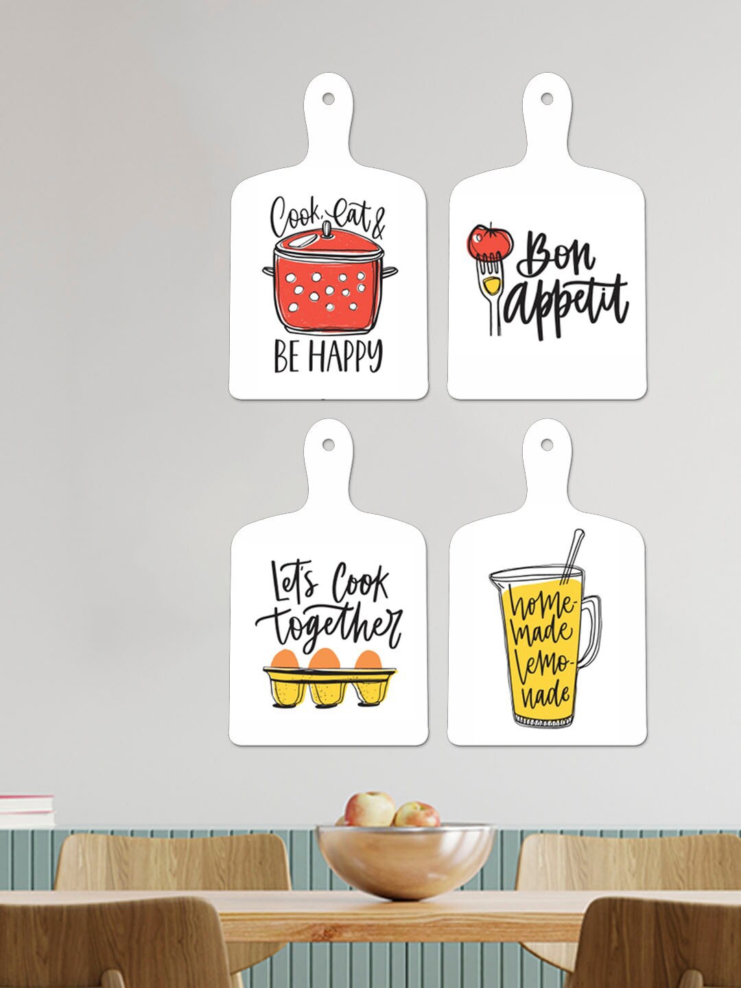 

ArtVibes 4 Pcs White & Yellow Cooking Quotes Painting Wooden Hanging Wall Decor