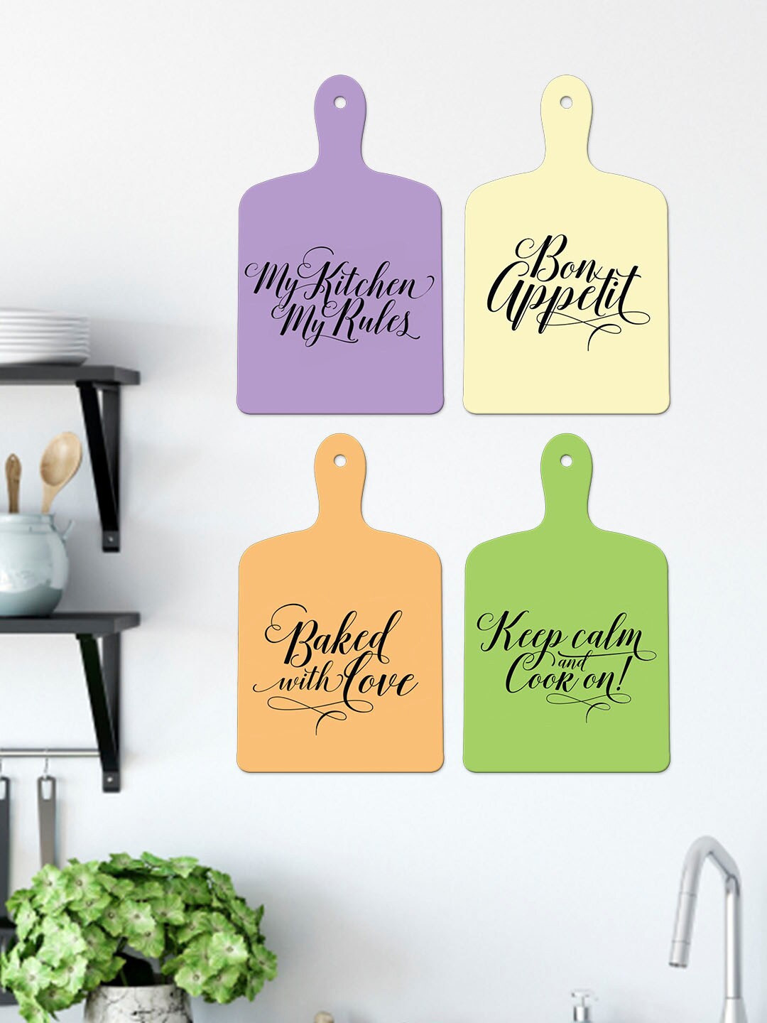 

ArtVibes Green & Black 4 Pieces Cooking Quotes Decorative Wooden Wall Hanging, Purple