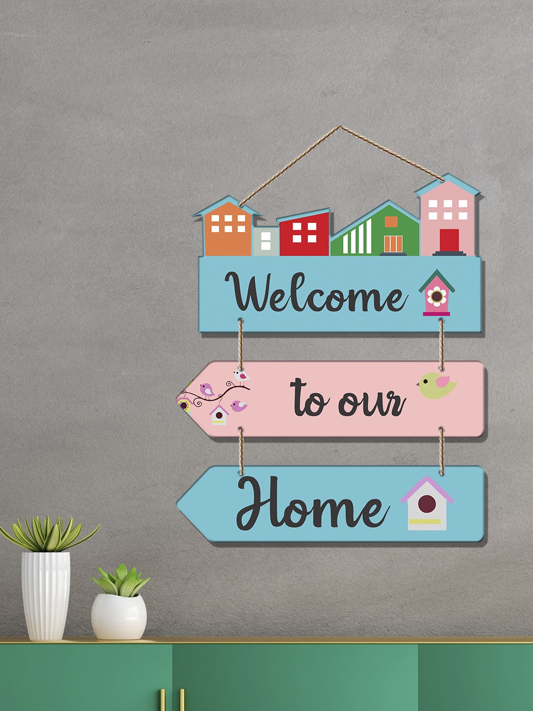

ArtVibes Blue & Pink Welcome Quote Decorative Wooden Wall Hanging