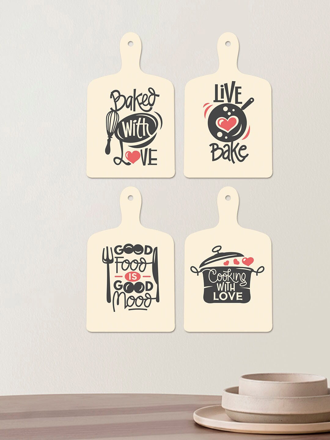 

ArtVibes 4 Pcs Beige & Black Cooking Quotes Decorative Wooden Wall Hanging