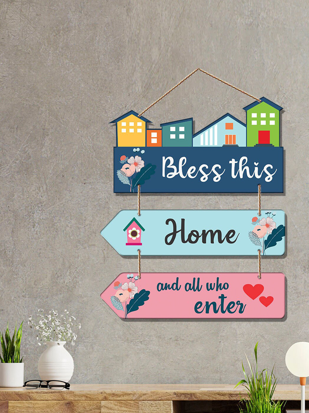 

ArtVibes Blue & Pink Happy Home Quote Decorative Wooden Wall Hanging