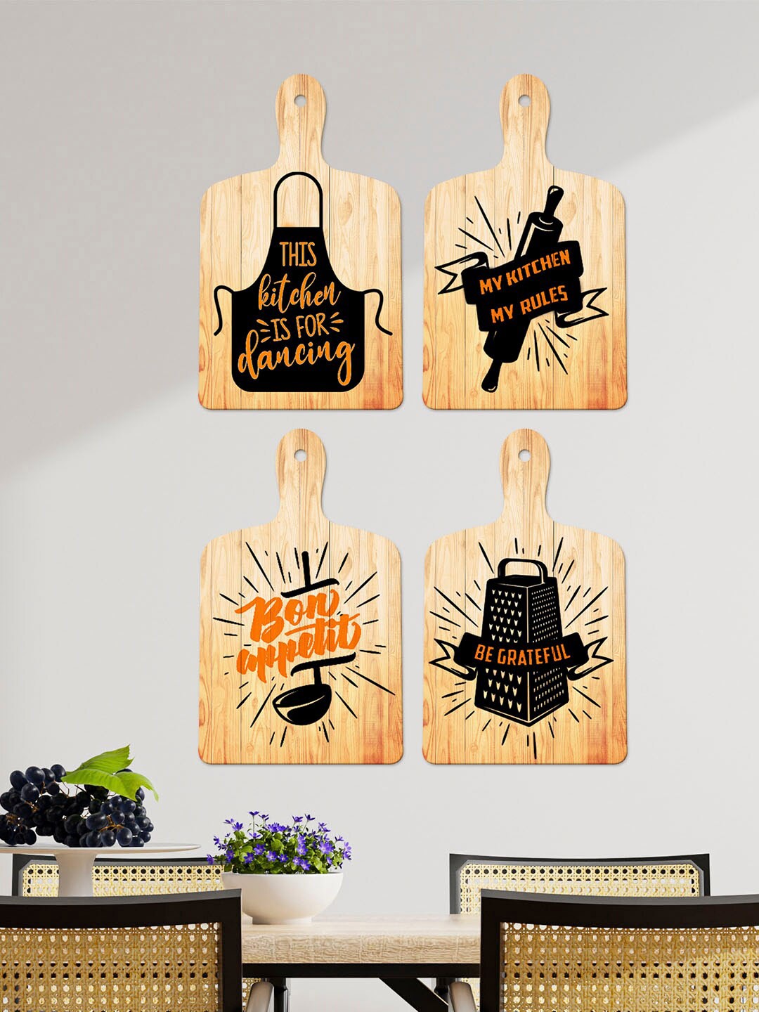 

ArtVibes Beige & Black 4 Pieces Beautiful Kitchen Quote Wooden Wall Hangings