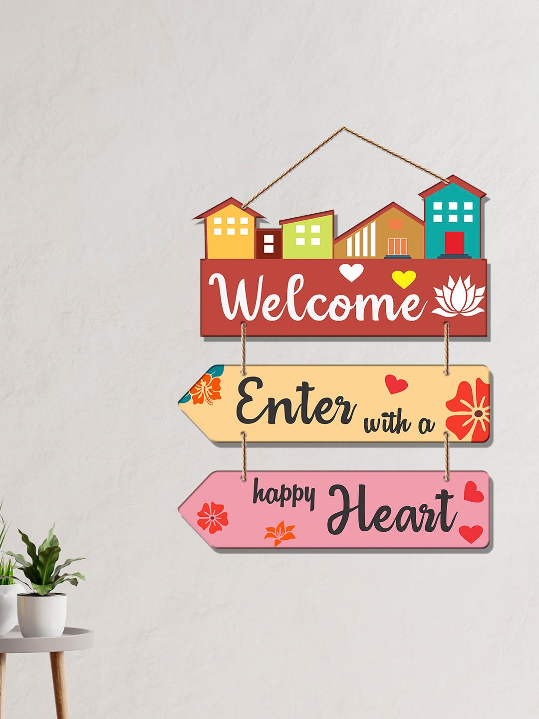 

ArtVibes Pink & Yellow Welcome Home Quotes Painted Wooden Wall Deocr