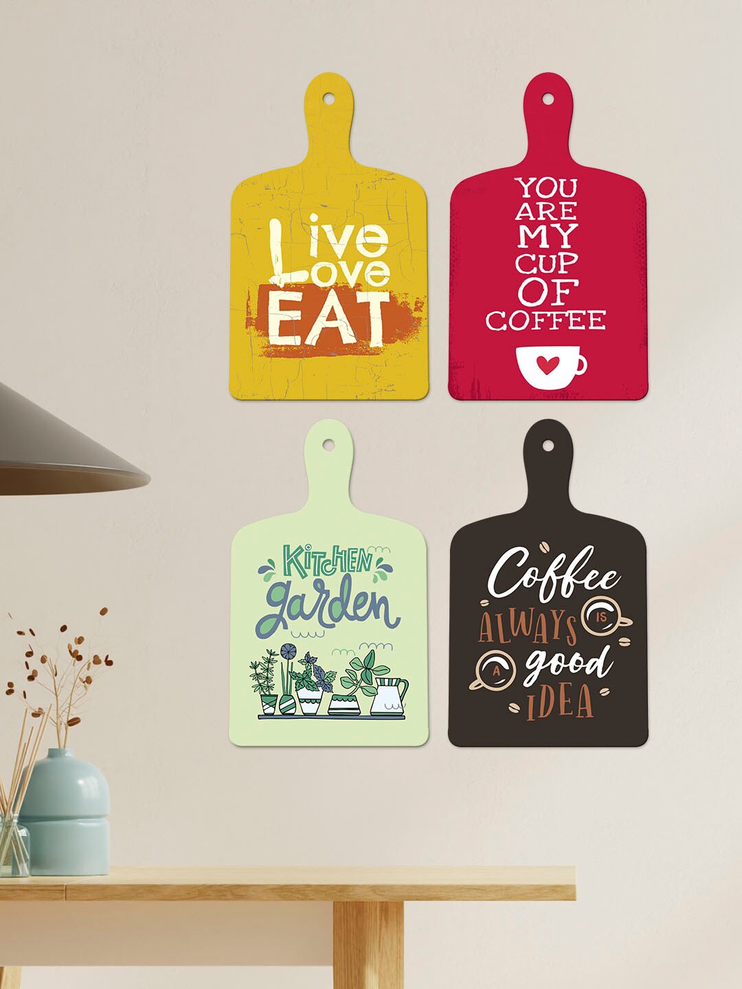 

ArtVibes Yellow & Red 4 Pieces Decorative Quotes Painted Wooden Hanging Wall Decors