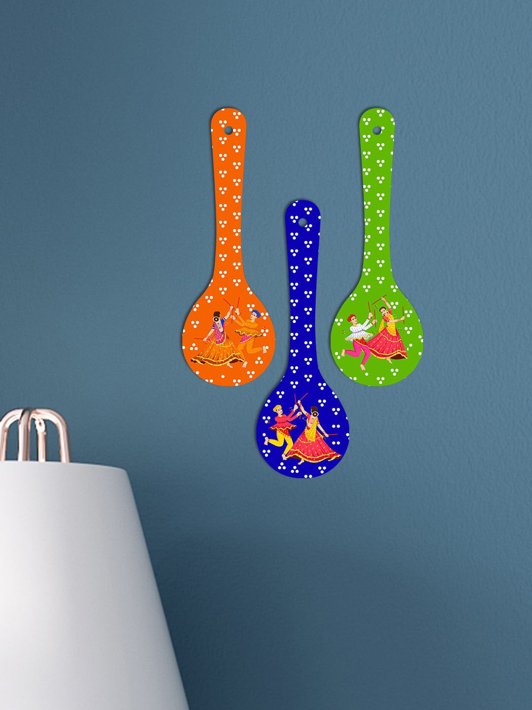 

ArtVibes Orange & Green 3 Pieces Indian Folk Dance Wooden Hanging Wall Decors