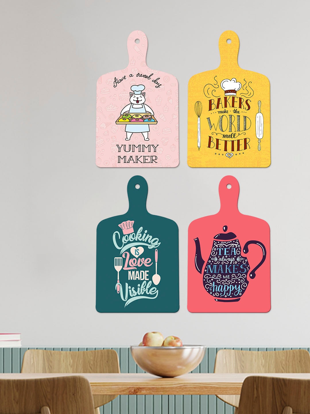 

ArtVibes Yellow & Pink 4 Pieces Cooking Quotes Painted Wooden Hanging Wall Decors