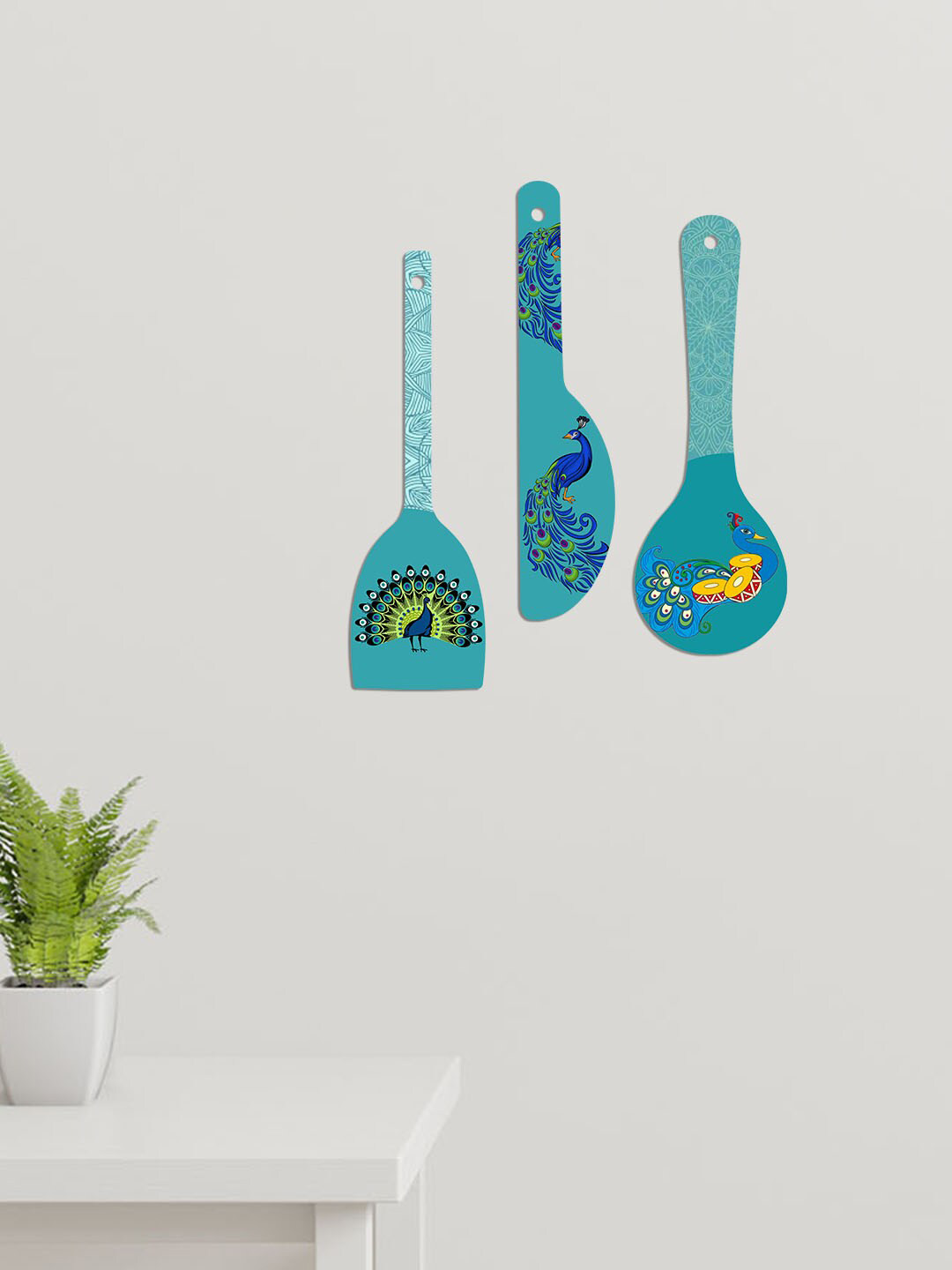 

ArtVibes Blue 3 Pieces Beautiful Peacock Wooden Wall Hanging