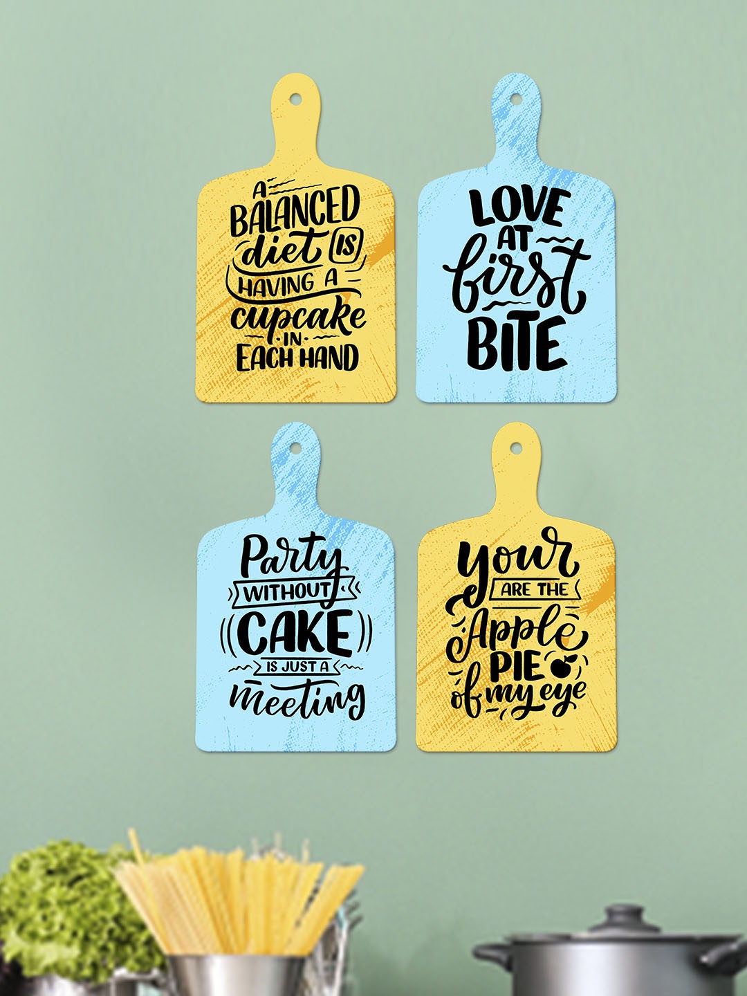 

ArtVibes Yellow & Blue 4 Pieces Cooking Quotes Painted Wooden Hanging Wall Decors