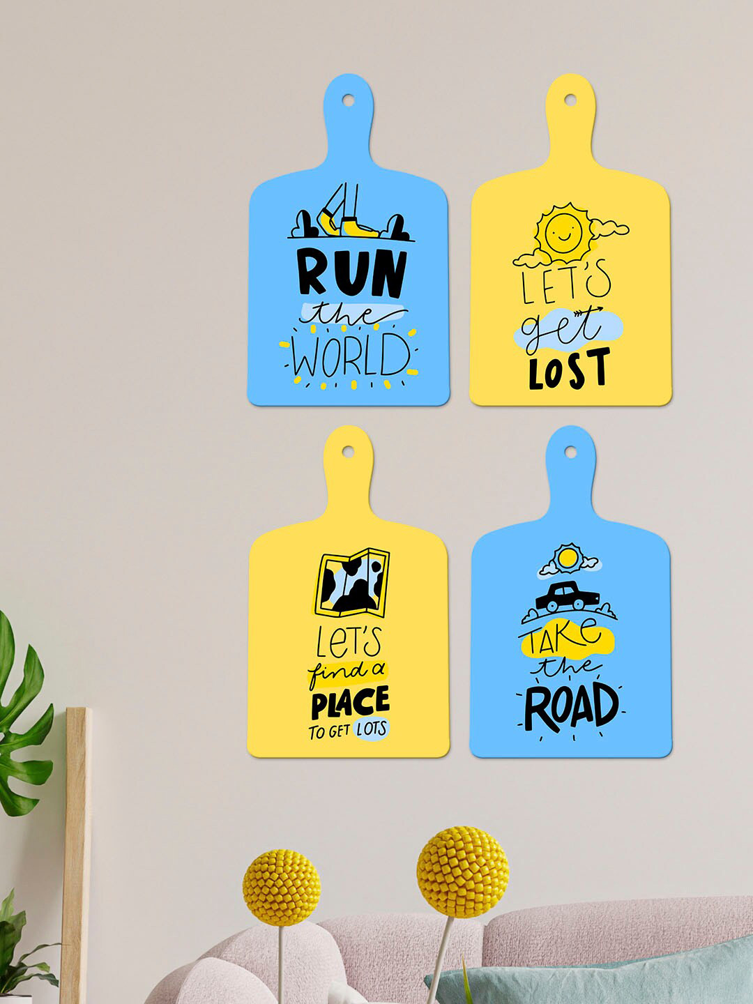 

ArtVibes Blue & Yellow 4 Pieces Travel Quote Decorative Wooden Wall Hanging