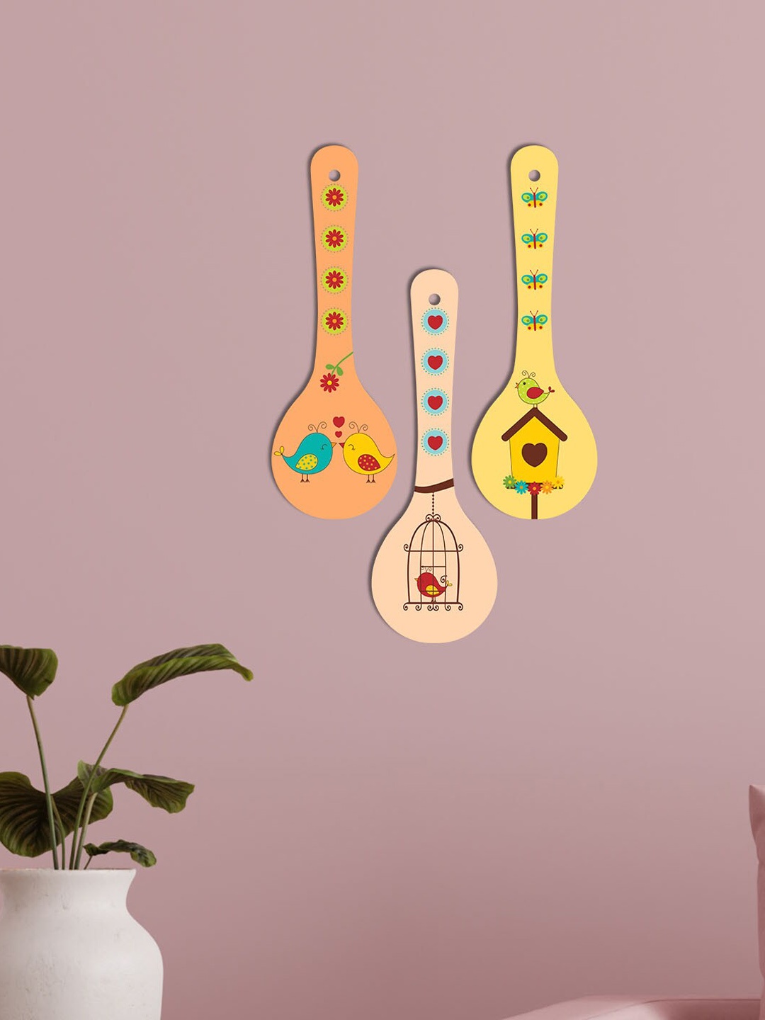 

ArtVibes Orange-color & Yellow 3 Pieces Birds Clip Art Wooden Wall Hangings
