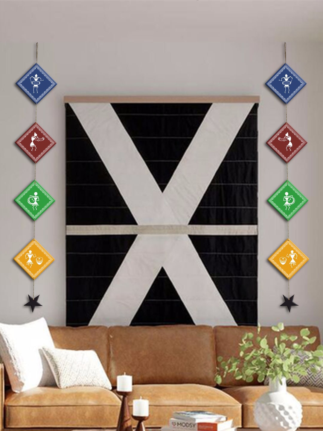

ArtVibes 2 Pcs Green & Orange Warli Art Square Shaped Wooden Wall Hanging