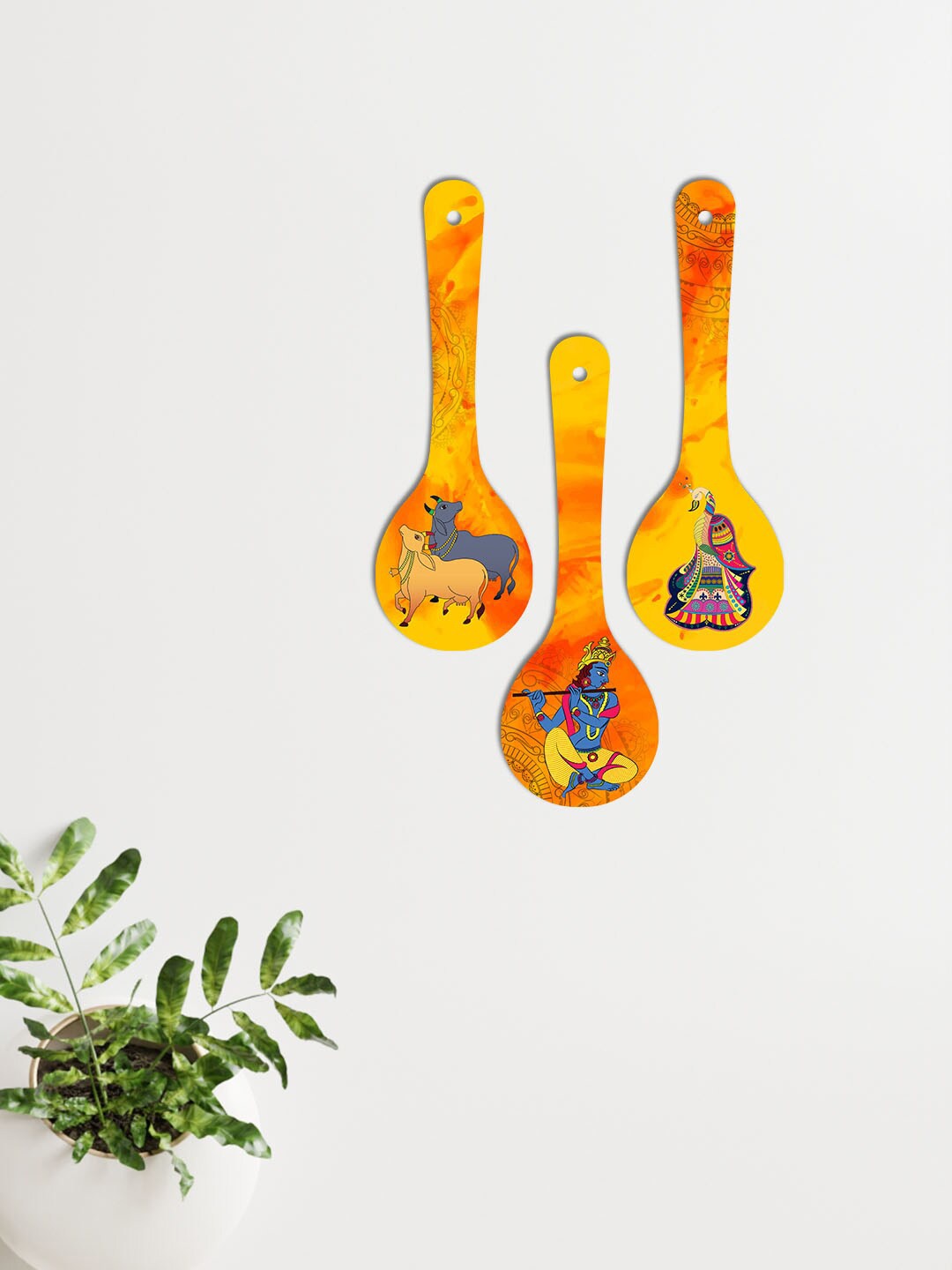

ArtVibes Yellow & Orange Coloured 3 Pieces Lord Krishna Wooden Wall Hanging Dcor