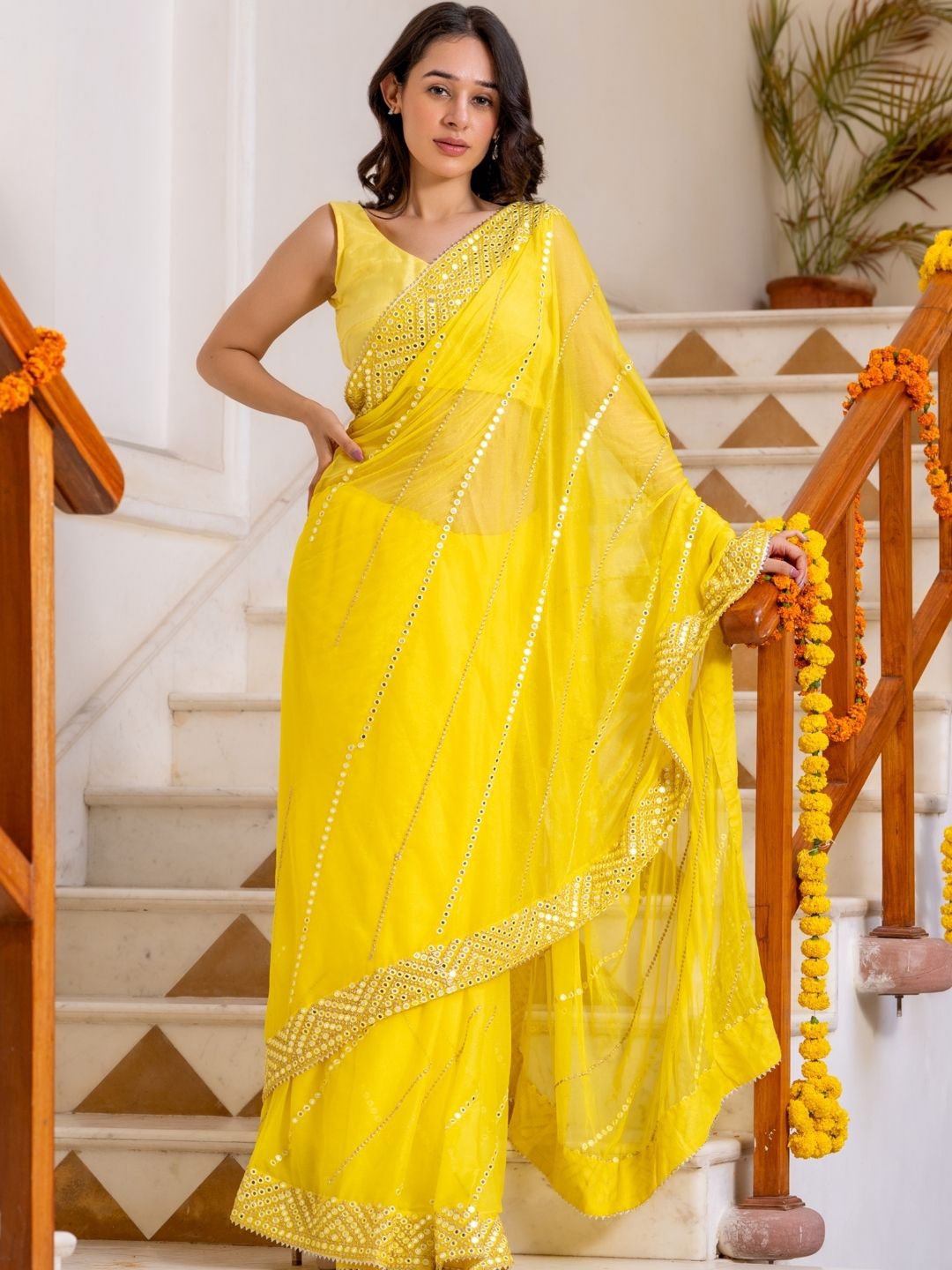 

HOUSE OF JAMOTI Embroidered Mirror Work Saree, Yellow
