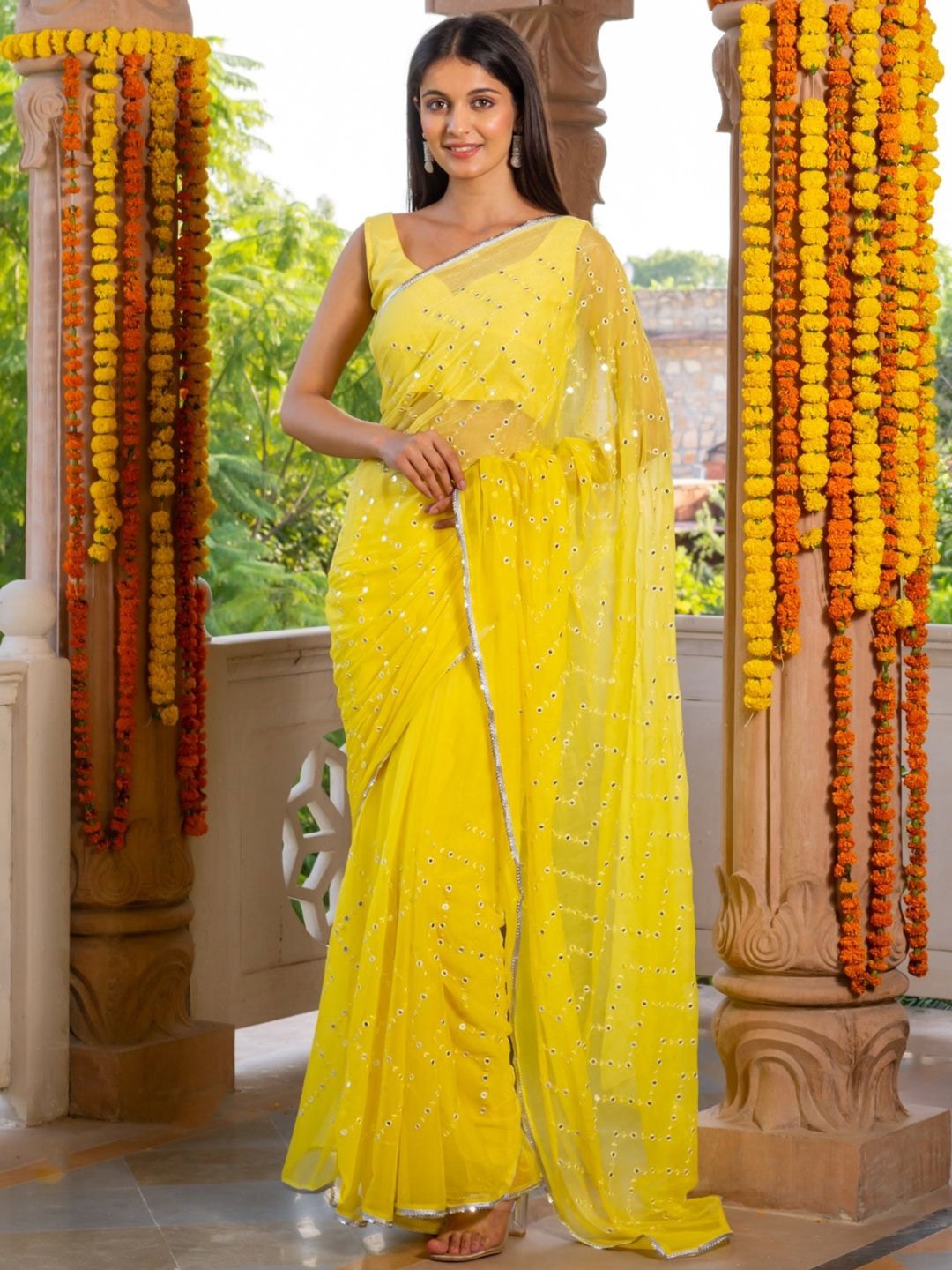 

HOUSE OF JAMOTI Embellished Mirror Work Saree, Yellow