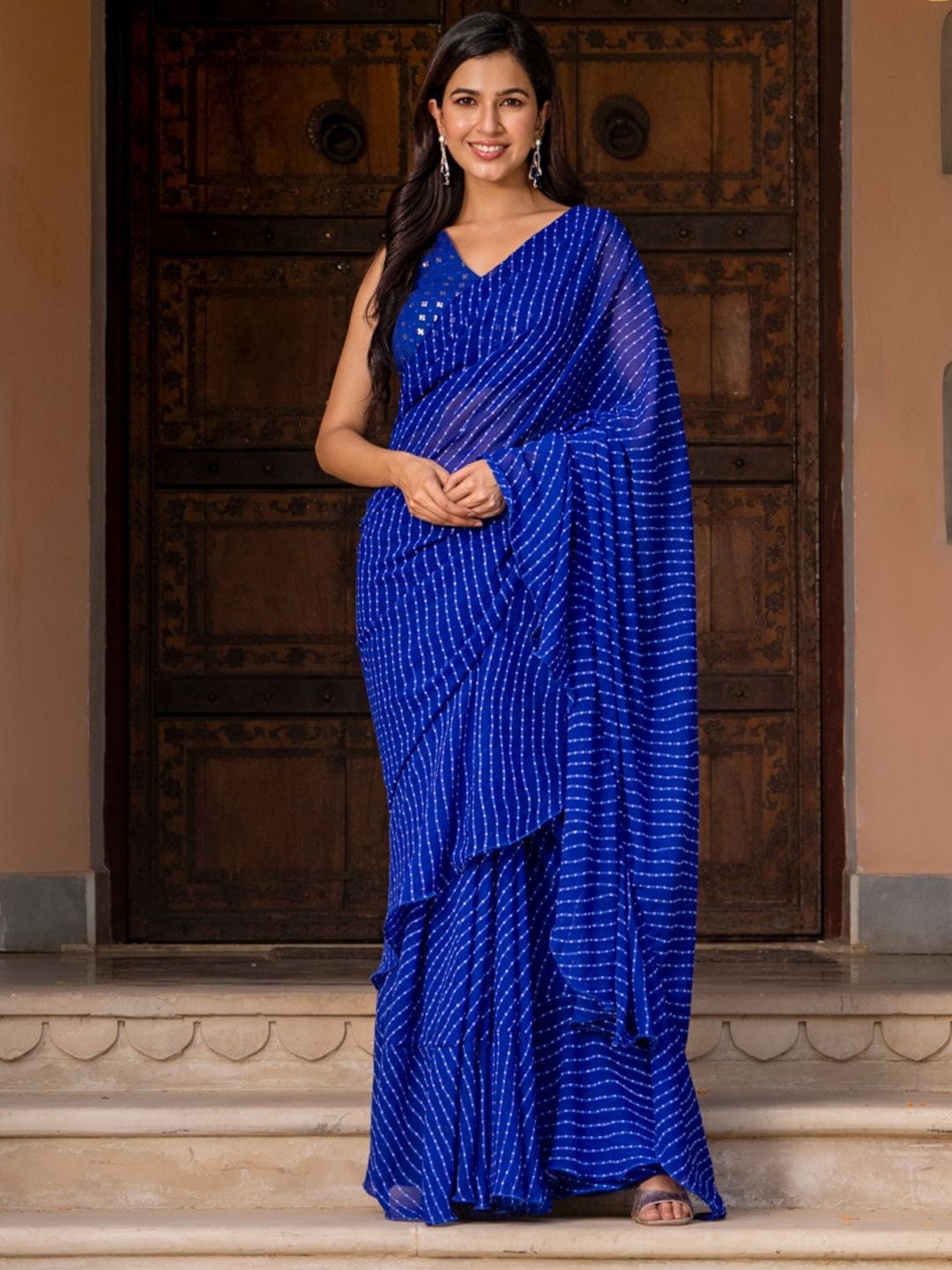 

HOUSE OF JAMOTI Leheriya Printed Pure Georgette Saree, Blue