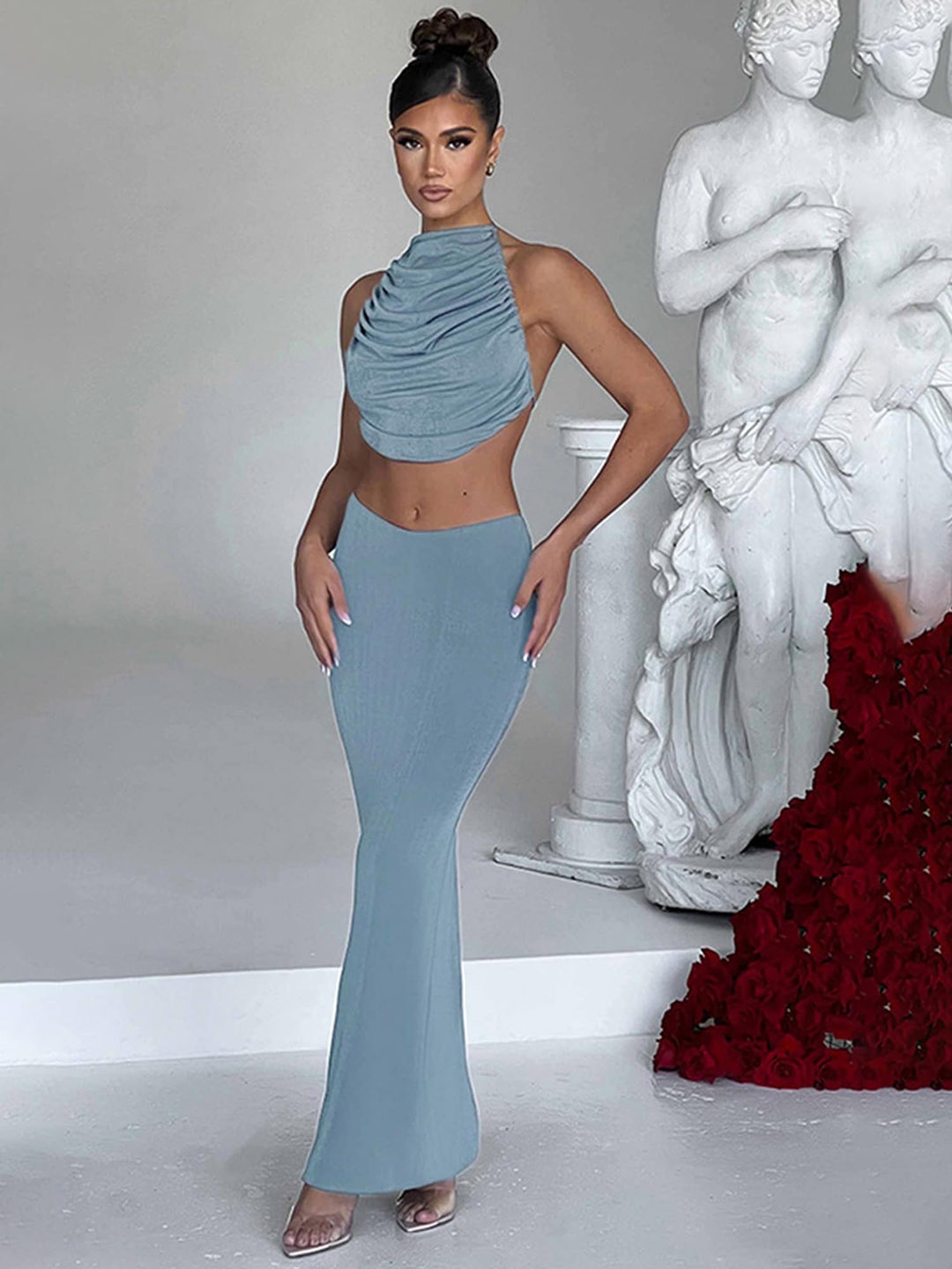 

LULU & SKY Halter Neck Shirred Top With Fishtail Maxi Skirt, Grey