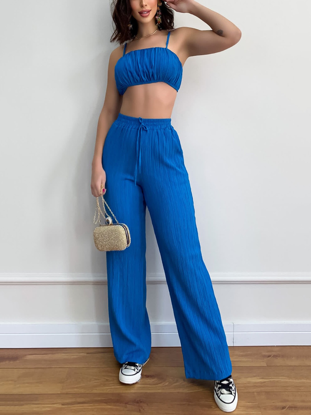 

LULU & SKY Shoulder Straps Crop Top With Trousers Co-ords, Blue
