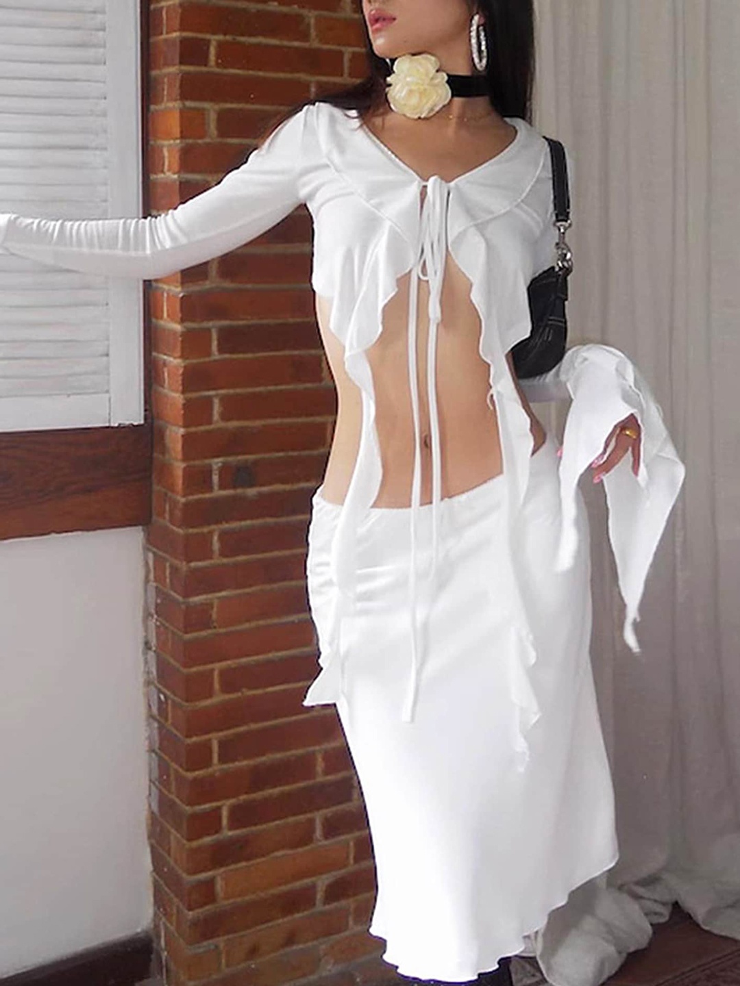 

LULU & SKY Tie Up Neck Ruffles Detail Top & Skirt Co-Ords, White