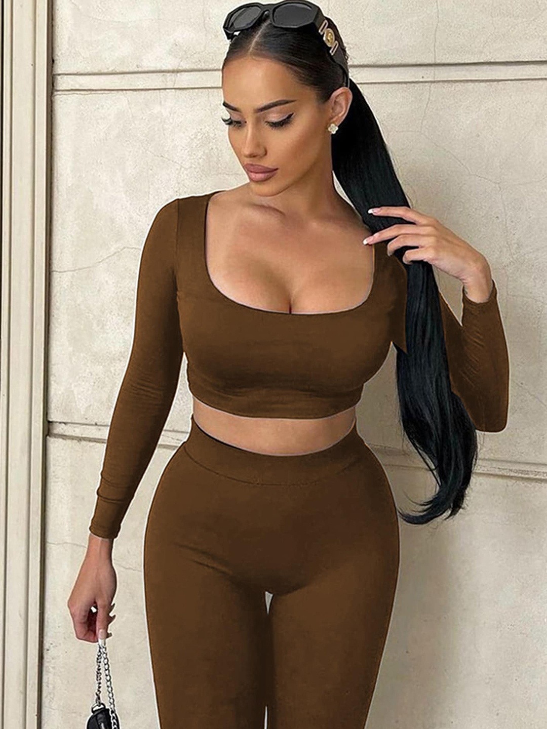 

LULU & SKY Scoop Neck Soft Crop Top With Trousers, Brown