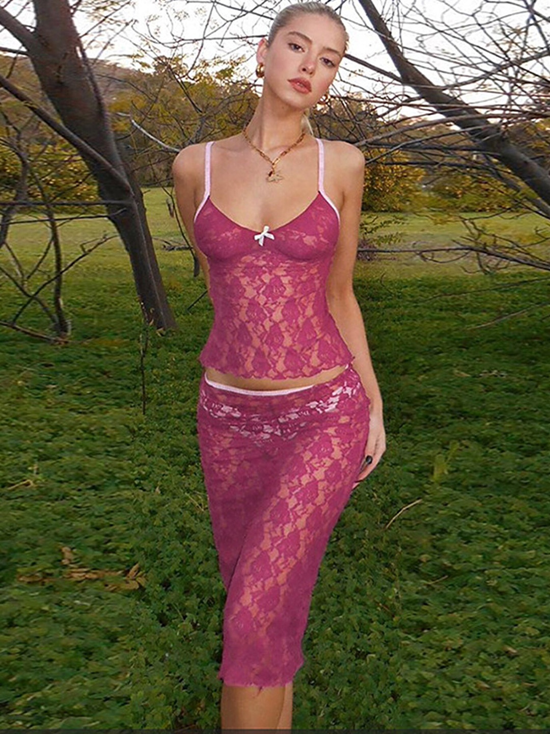 

LULU & SKY Self-Design Shoulder Straps Sheer Top With Midi Skirt, Pink