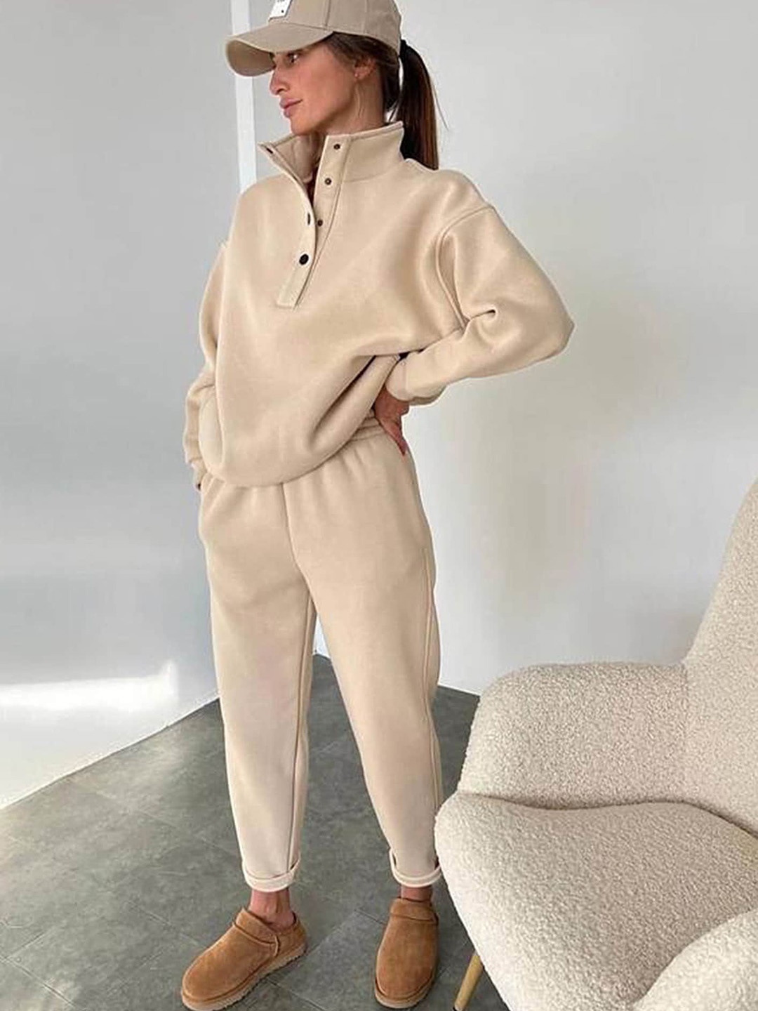 

LULU & SKY Loose Fit Mock Collar Sweatshirt & Jogger, Beige