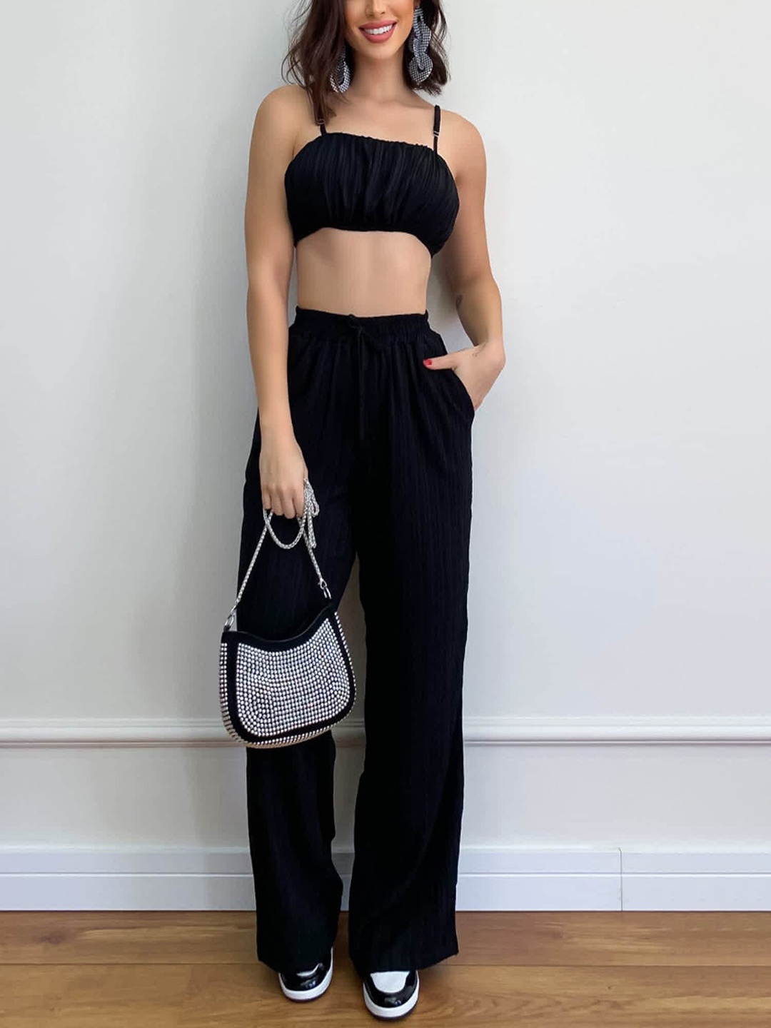 

LULU & SKY Square Neck Sleeveless Top With Palazzos Co-Ords Set, Black