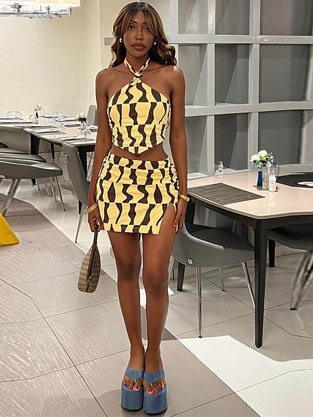 

LULU & SKY Printed Halter Neck Sleeveless Top With Skirt, Yellow