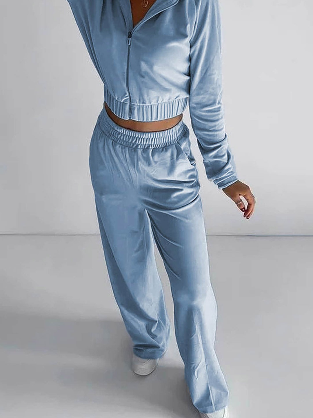 

LULU & SKY Hooded Neck Zip Closure Crop Top With Trousers, Blue
