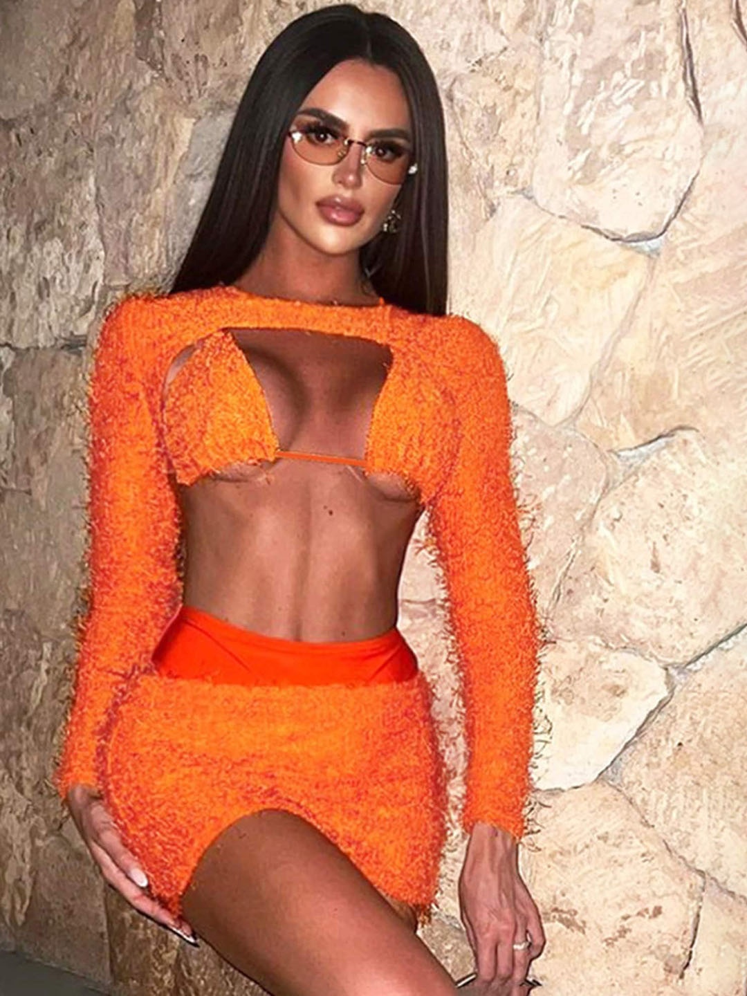 

LULU & SKY 3-Pcs Self-Designed Sleeveless Crop Top With Long Sleeves Shrug & Skirt Co-Ords, Orange