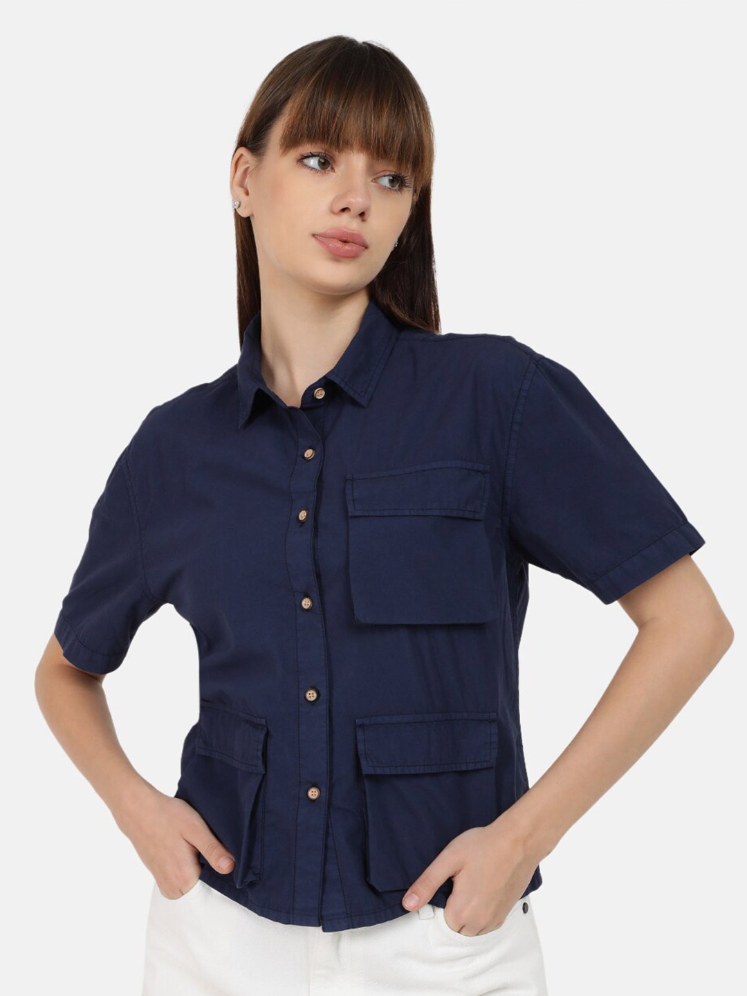 

Bene Kleed Spread Collar Short Sleeves Cotton Casual Shirt, Blue