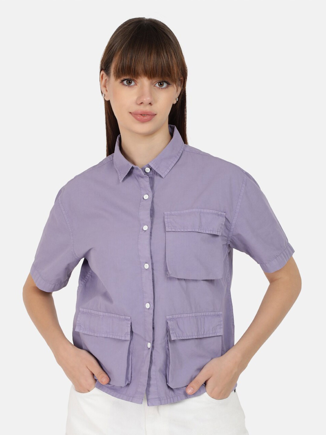 

Bene Kleed Spread Collar Short Sleeves Cotton Casual Shirt, Purple