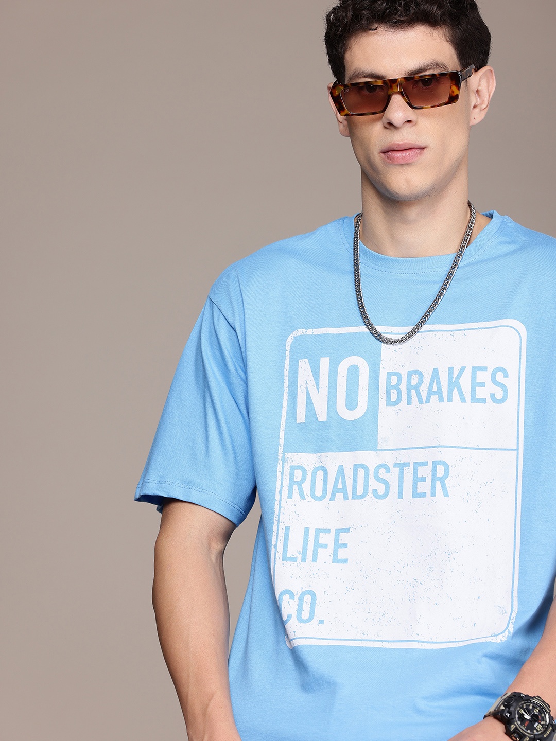 

The Roadster Life Co. Printed Drop-Shoulder Sleeves Pure Cotton T-shirt, Blue