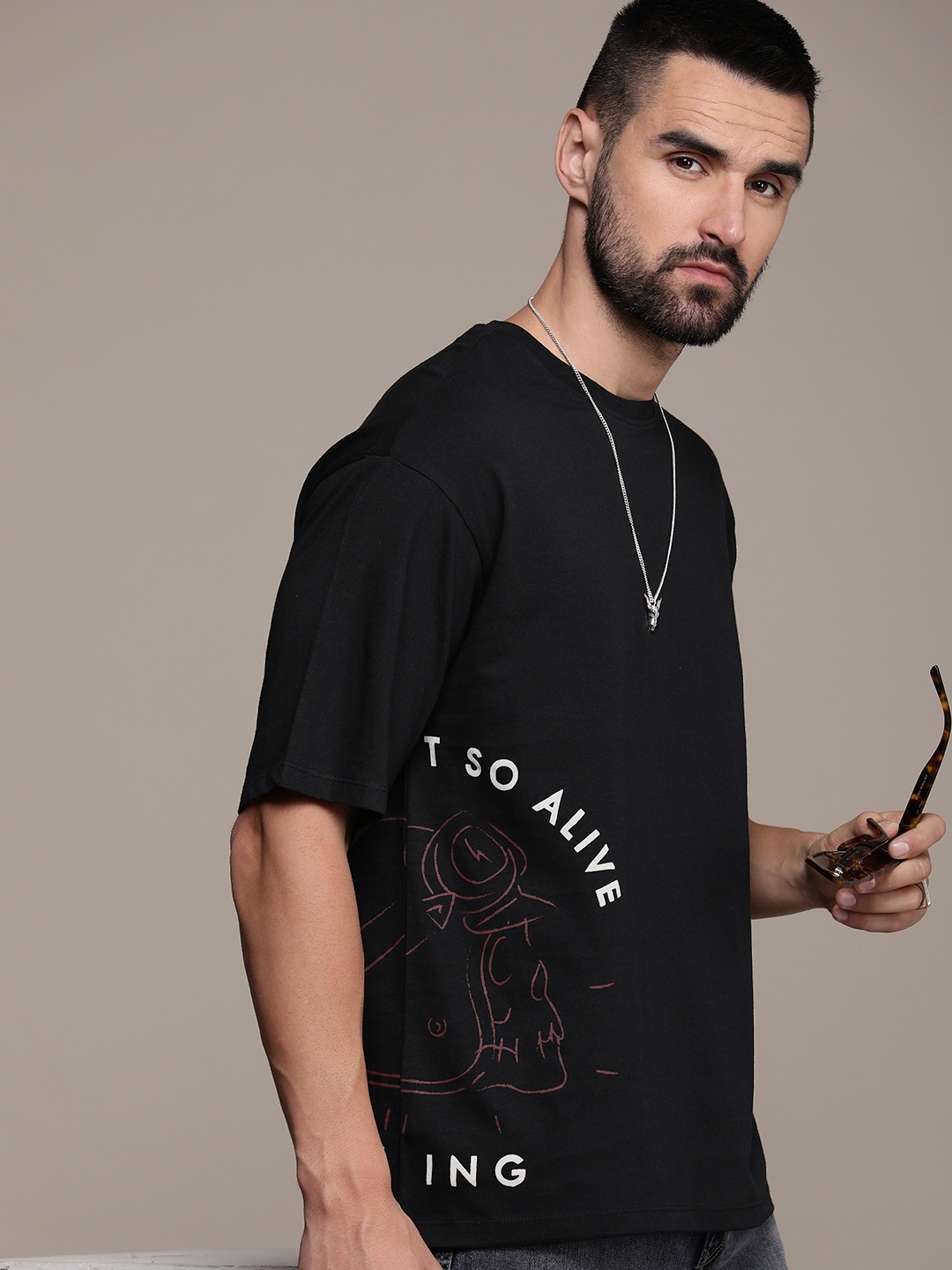 

The Roadster Life Co. Typography Printed Drop-Shoulder Sleeves Pure Cotton Relaxed T-shirt, Black