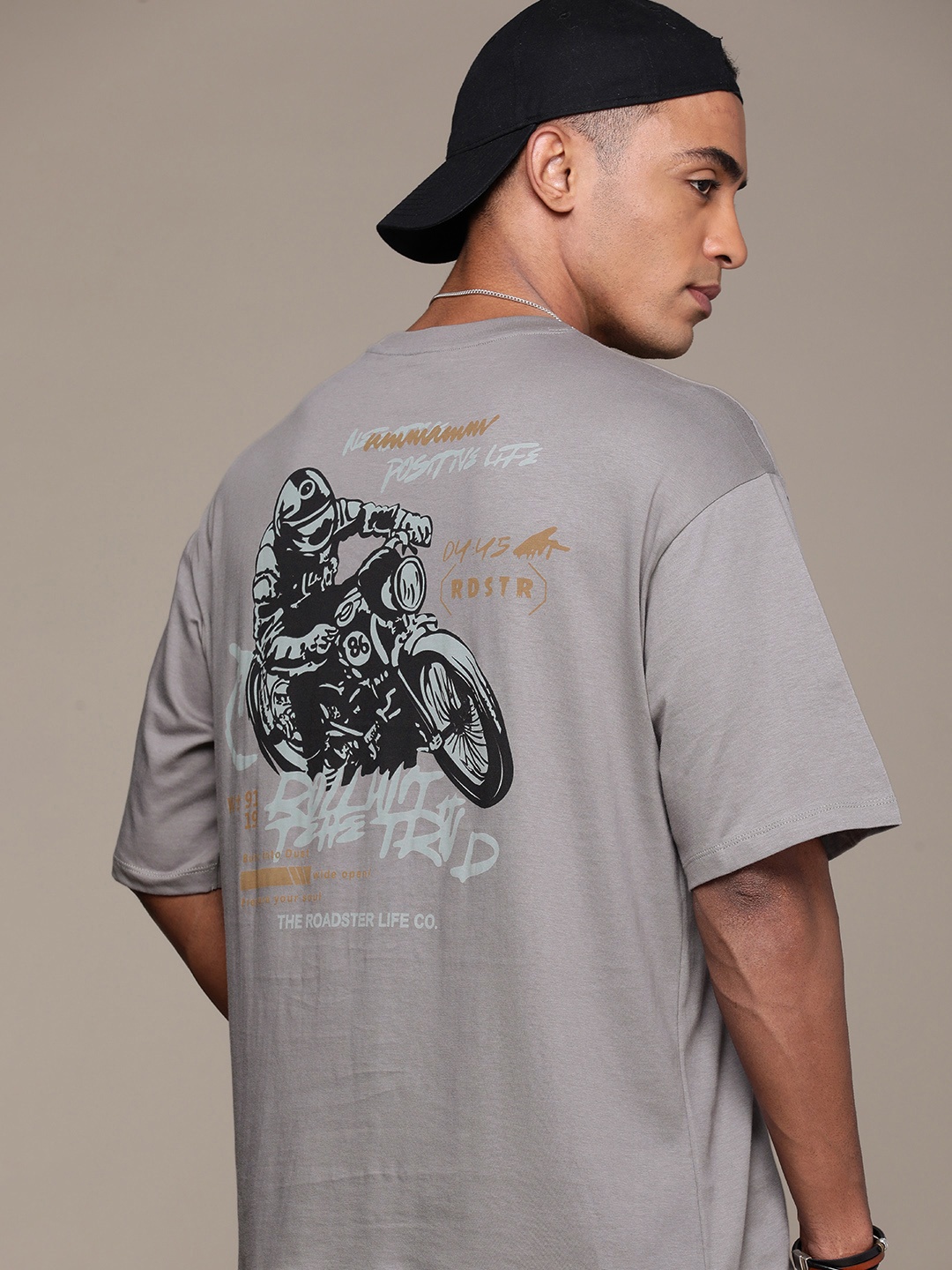 

The Roadster Life Co. Printed Drop-Shoulder Sleeves Pure Cotton T-shirt, Grey