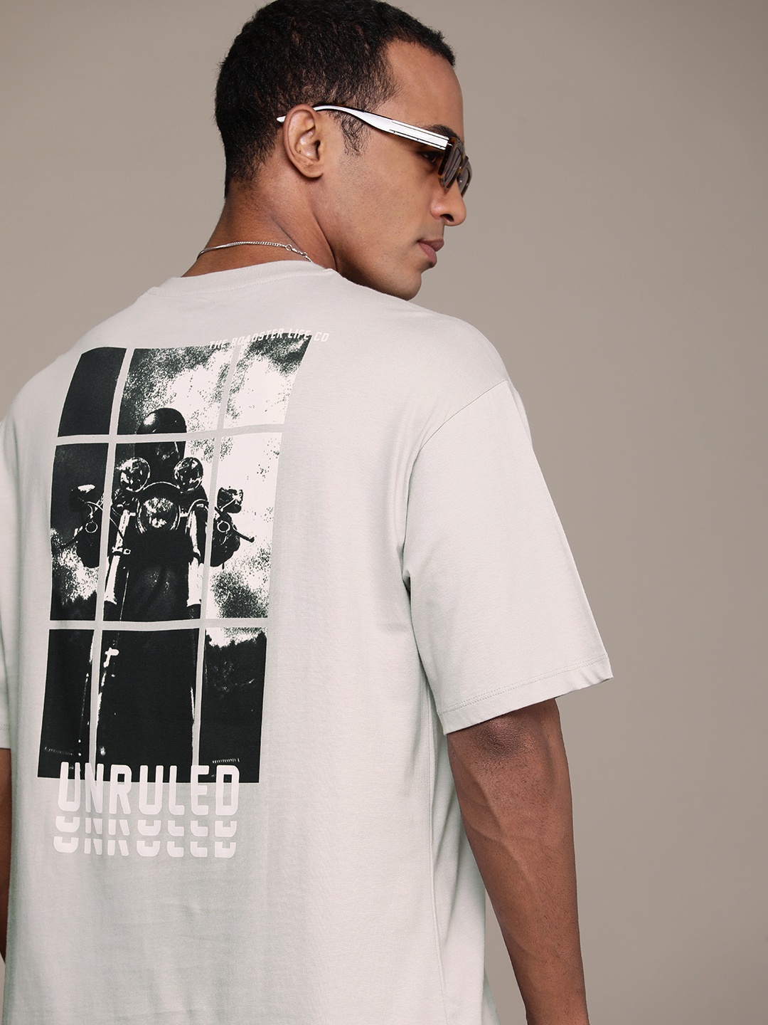 

The Roadster Life Co. Pure Cotton Graphic Printed Drop-Shoulder Sleeves Casual T-shirt, Grey