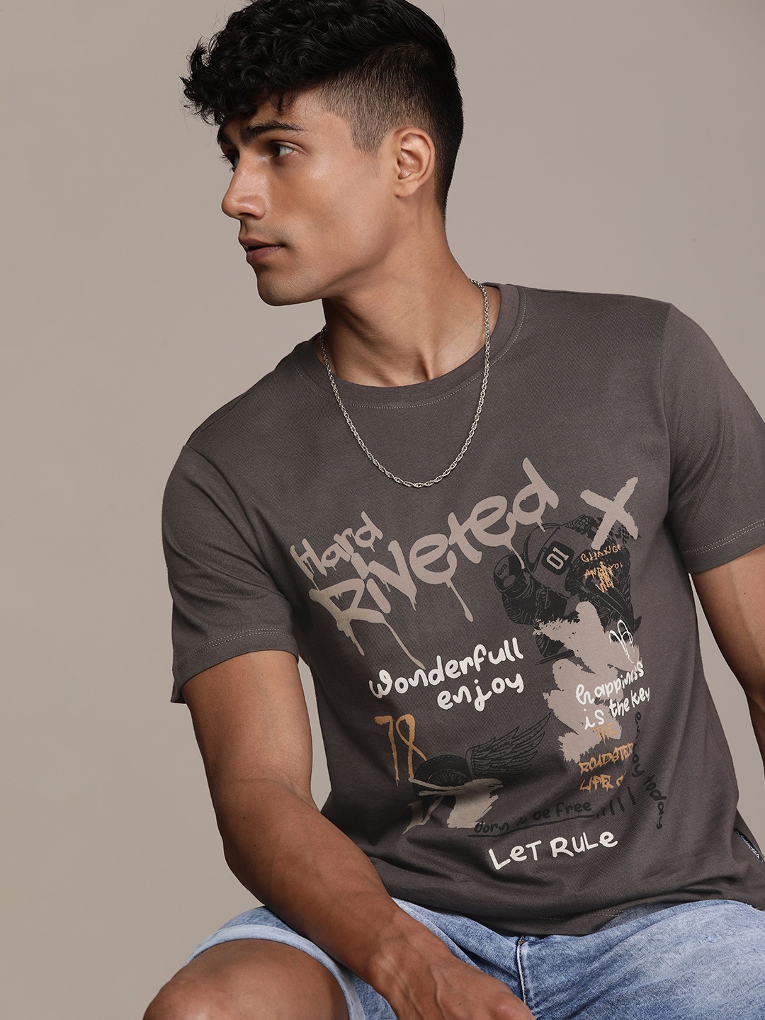 

The Roadster Life Co. Printed Pure Cotton T-shirt, Taupe