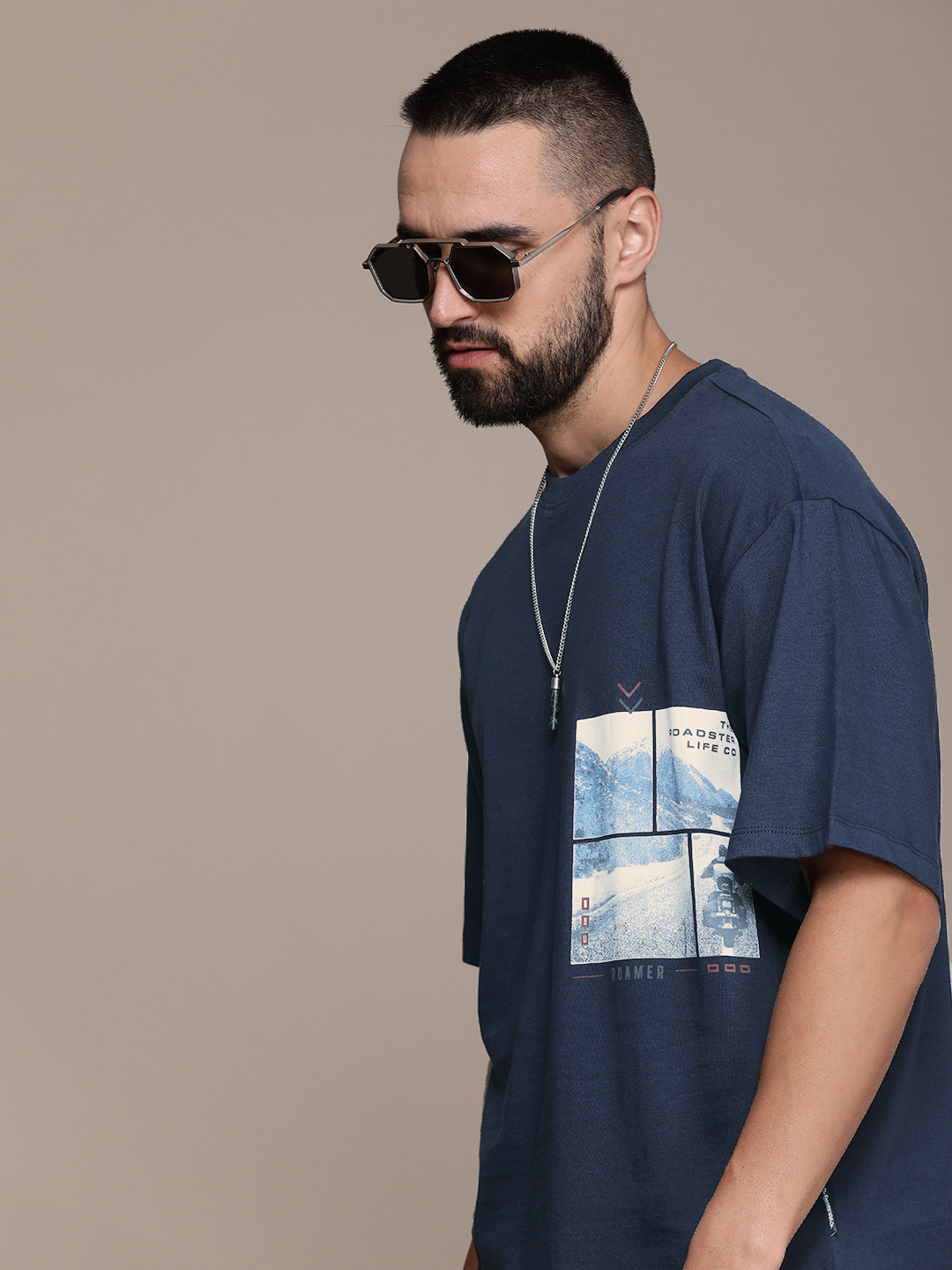 

The Roadster Life Co. Pure Cotton Graphic Printed Drop-Shoulder Sleeves Casual T-shirt, Navy blue