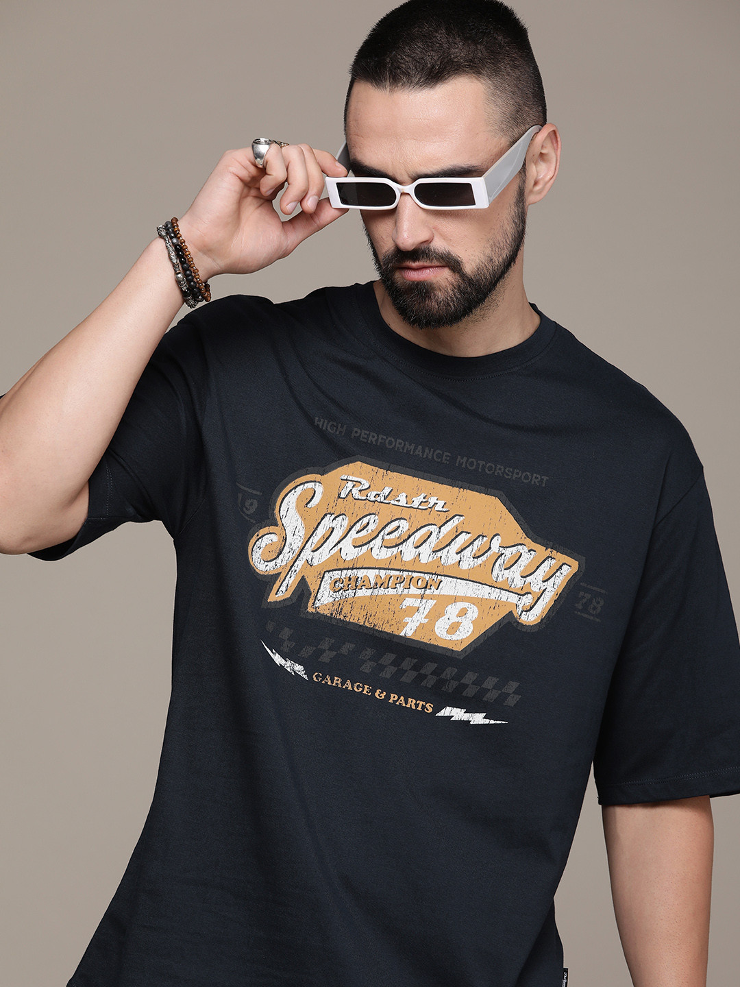 

The Roadster Life Co. Printed Drop-Shoulder Sleeves Pure Cotton T-shirt, Navy blue