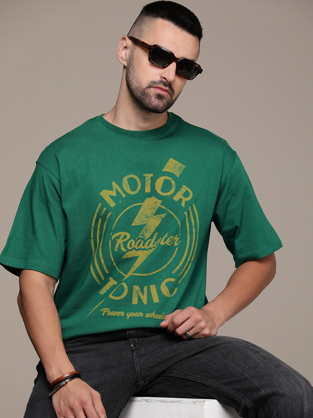 

The Roadster Life Co. Pure Cotton Relaxed Fit Printed Drop-Shoulder Sleeves T-shirt, Green