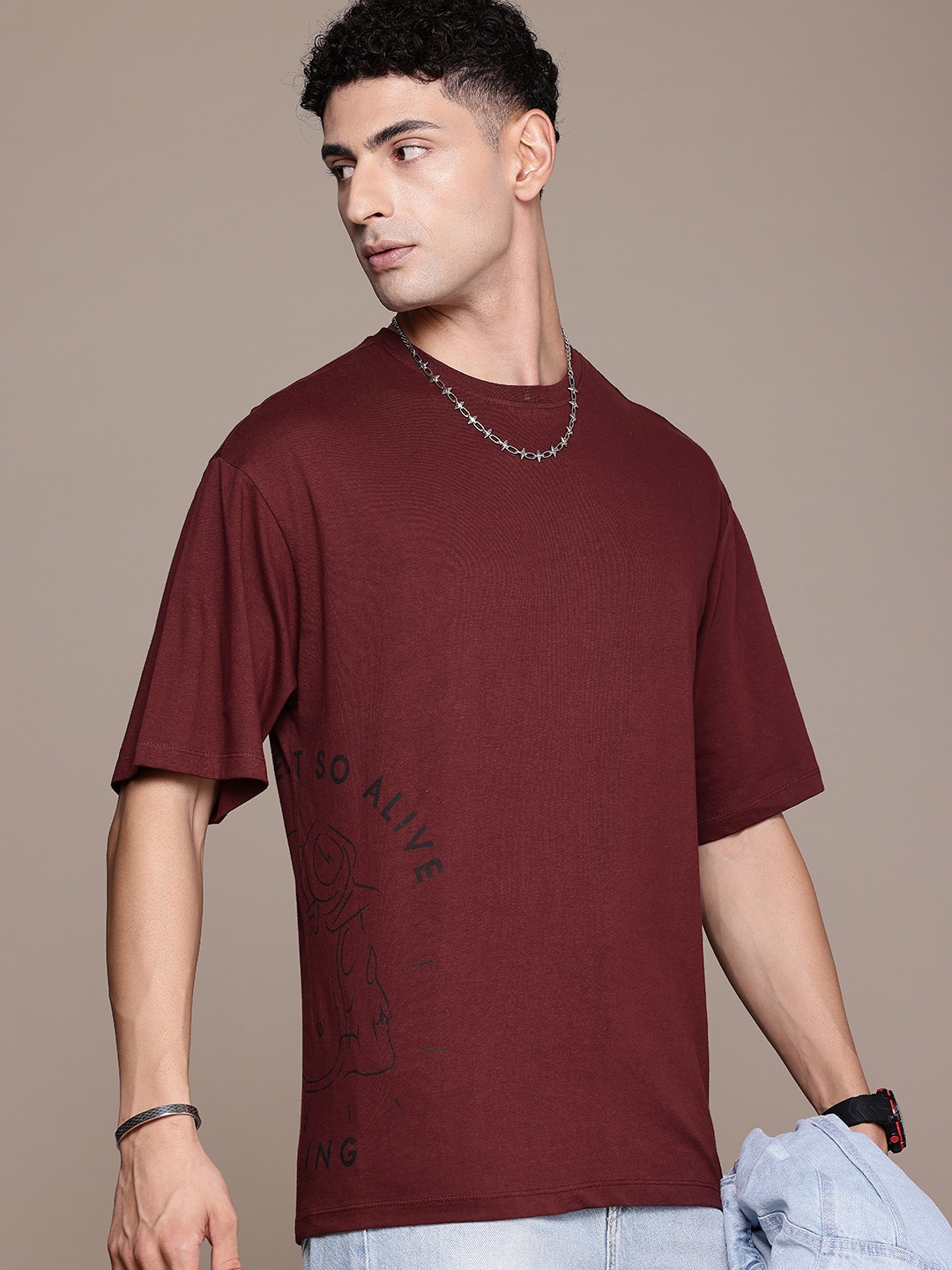 

The Roadster Life Co. Pure Cotton Printed Drop-Shoulder Sleeves Relaxed Fit T-shirt, Maroon