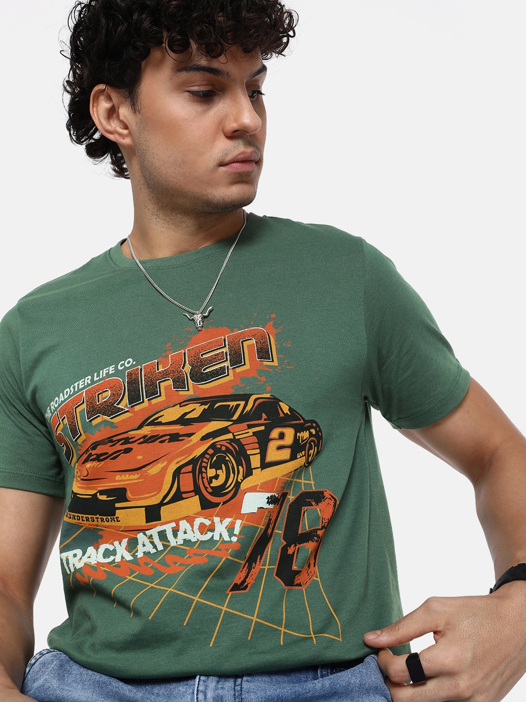 

The Roadster Life Co. Pure Cotton Graphic Printed Casual T-shirt, Green
