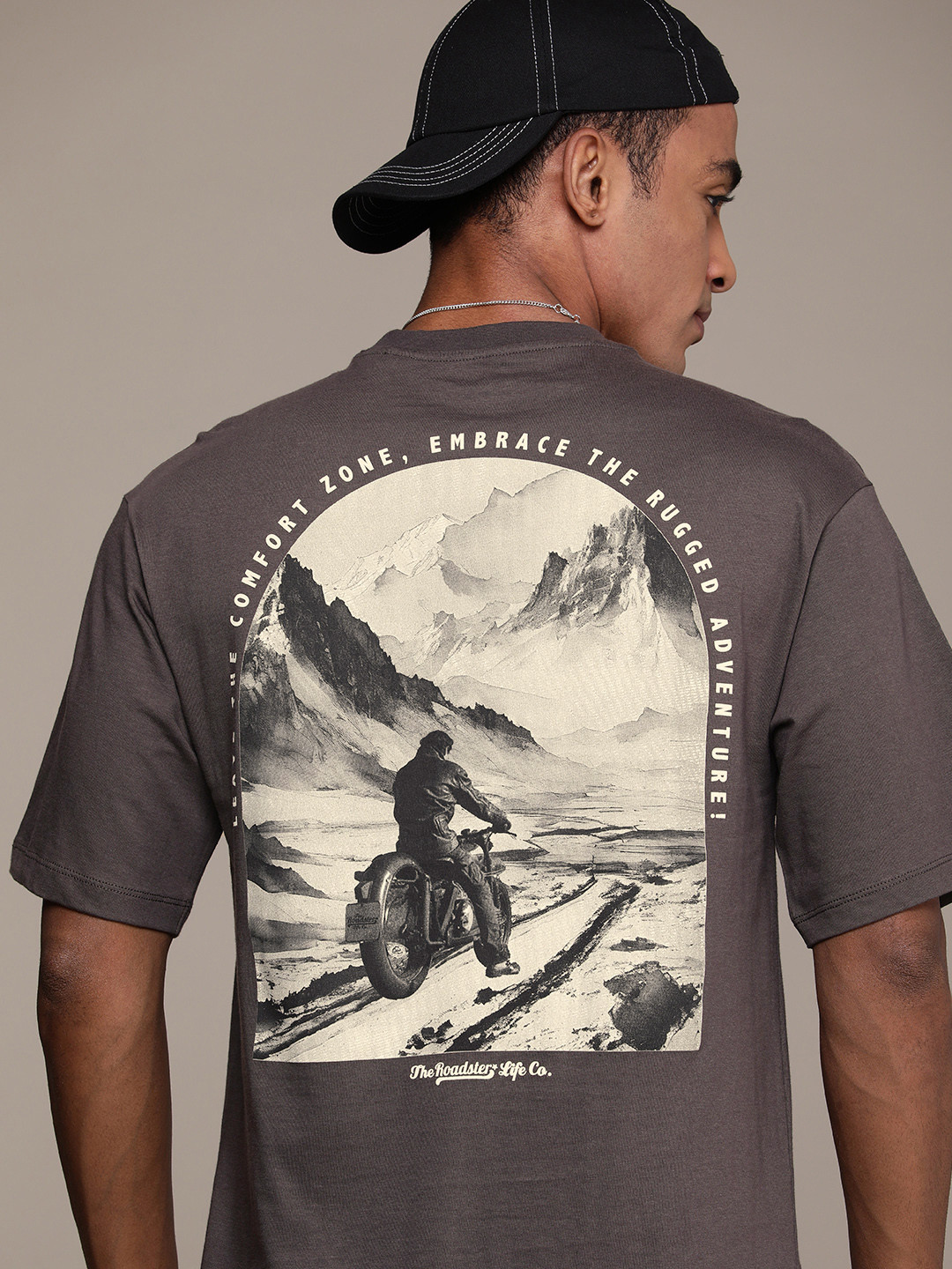 

The Roadster Life Co. Pure Cotton Graphic Printed Drop-Shoulder Sleeves Casual T-shirt, Mauve
