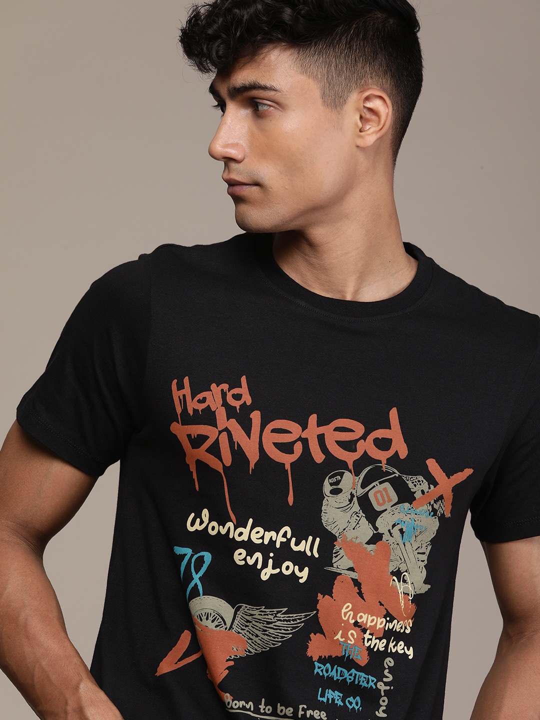 

The Roadster Life Co. Printed Pure Cotton T-shirt, Black