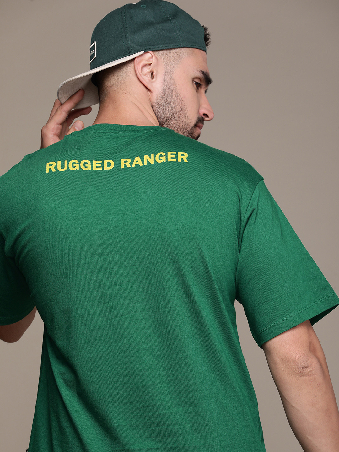 

The Roadster Life Co. Typography Printed Drop-Shoulder Sleeves Pure Cotton T-shirt, Green