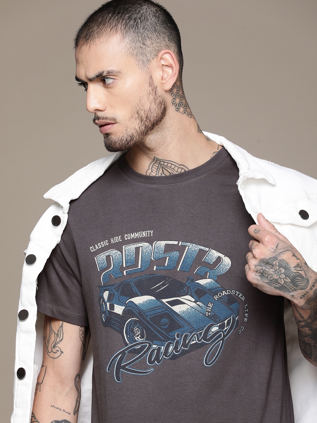 

The Roadster Life Co. Pure Cotton Graphic Printed Casual T-shirt, Grey