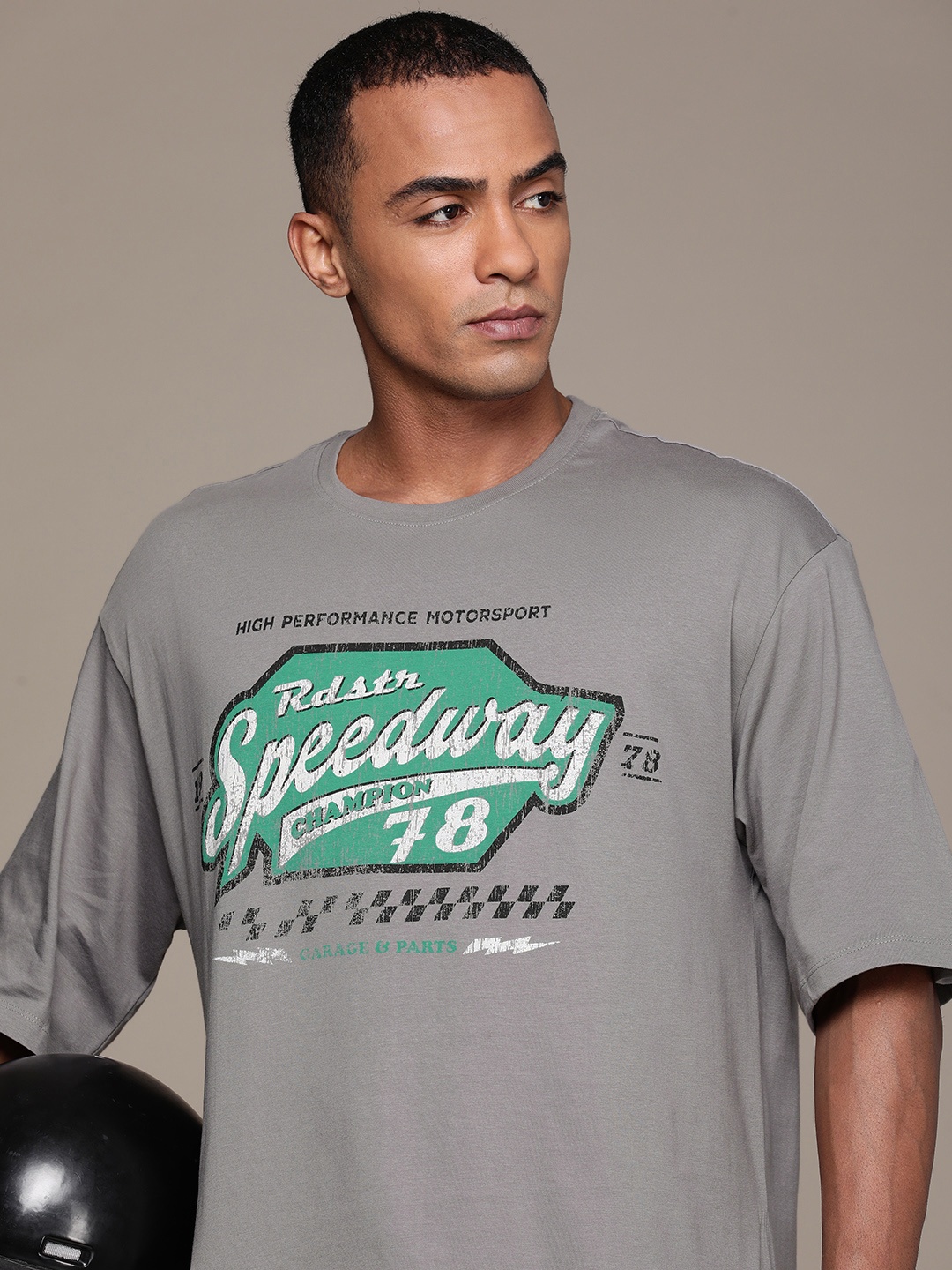 

The Roadster Life Co. Typography Printed Drop-Shoulder Sleeves Pure Cotton T-shirt, Grey